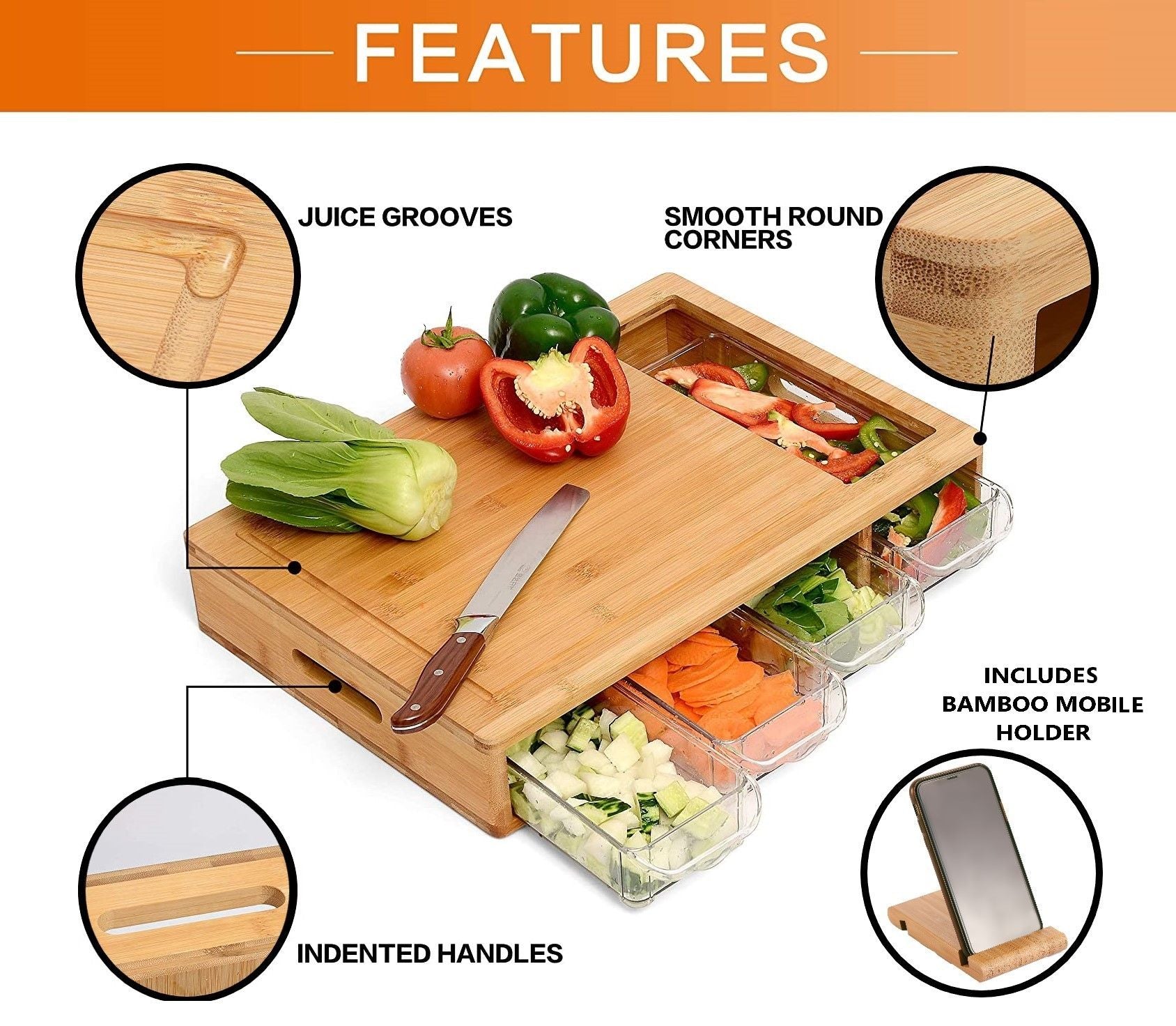 CARLA HOME Large Bamboo Cutting Board and 4 Containers with Mobile Holder gift included for Home Kitchen-0