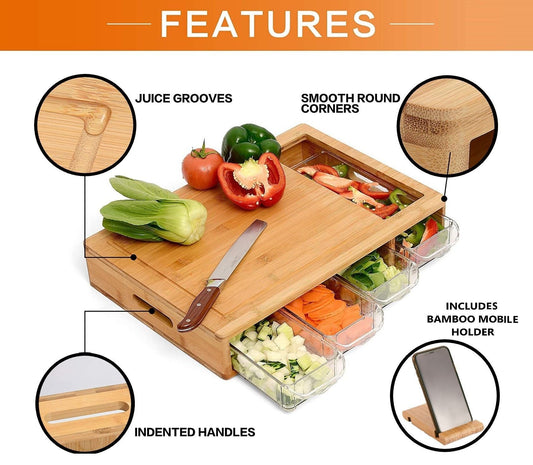 CARLA HOME Large Bamboo Cutting Board and 4 Containers with Mobile Holder gift included for Home Kitchen-0