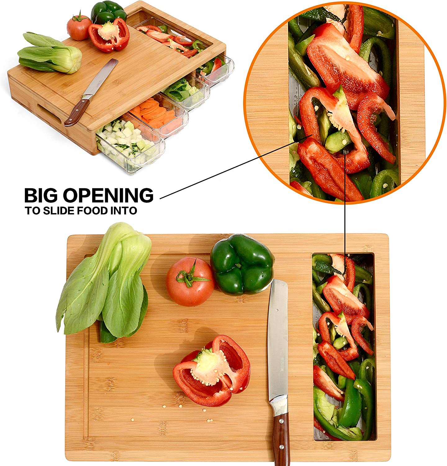 CARLA HOME Large Bamboo Cutting Board and 4 Containers with Mobile Holder gift included for Home Kitchen-1