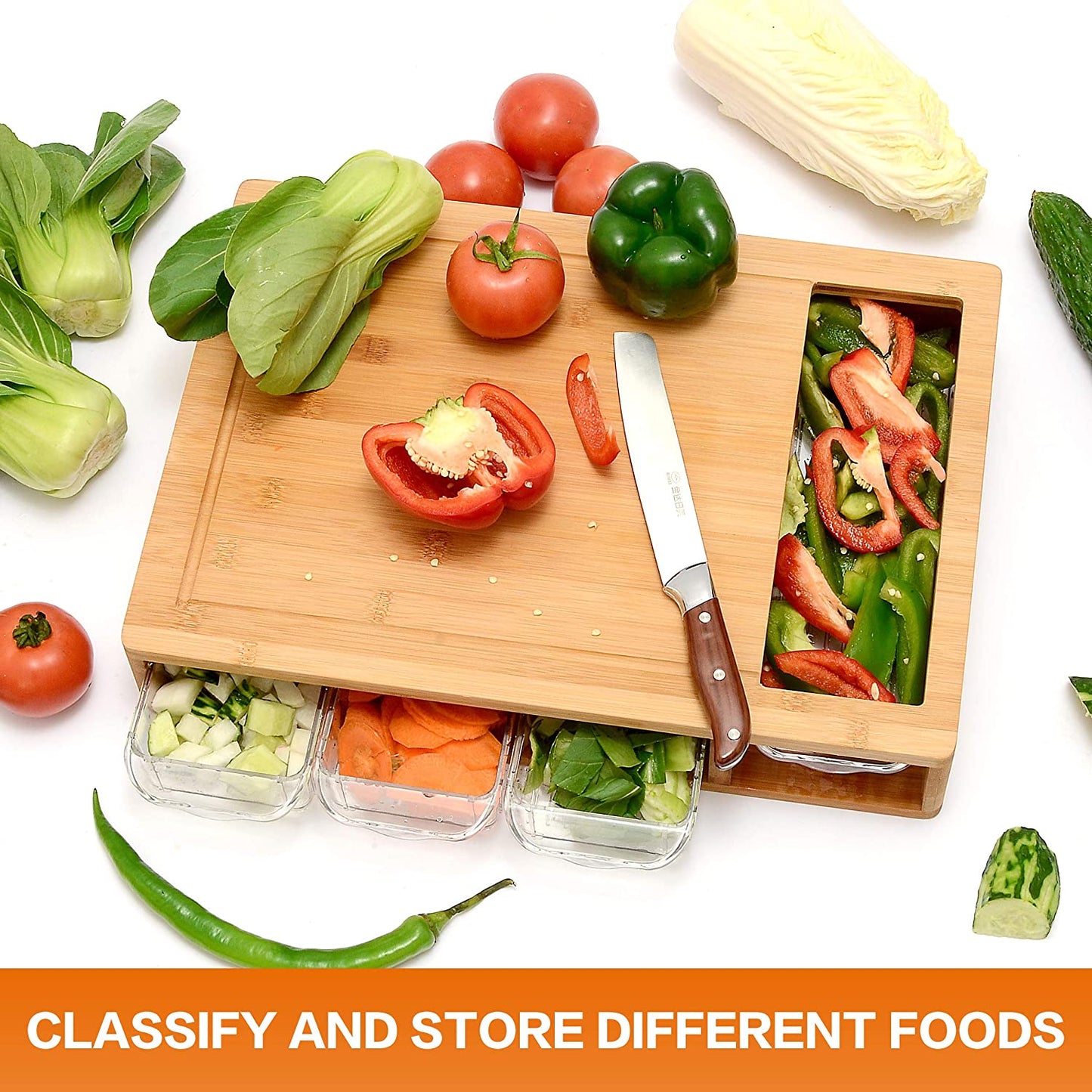 CARLA HOME Large Bamboo Cutting Board and 4 Containers with Mobile Holder gift included for Home Kitchen-2