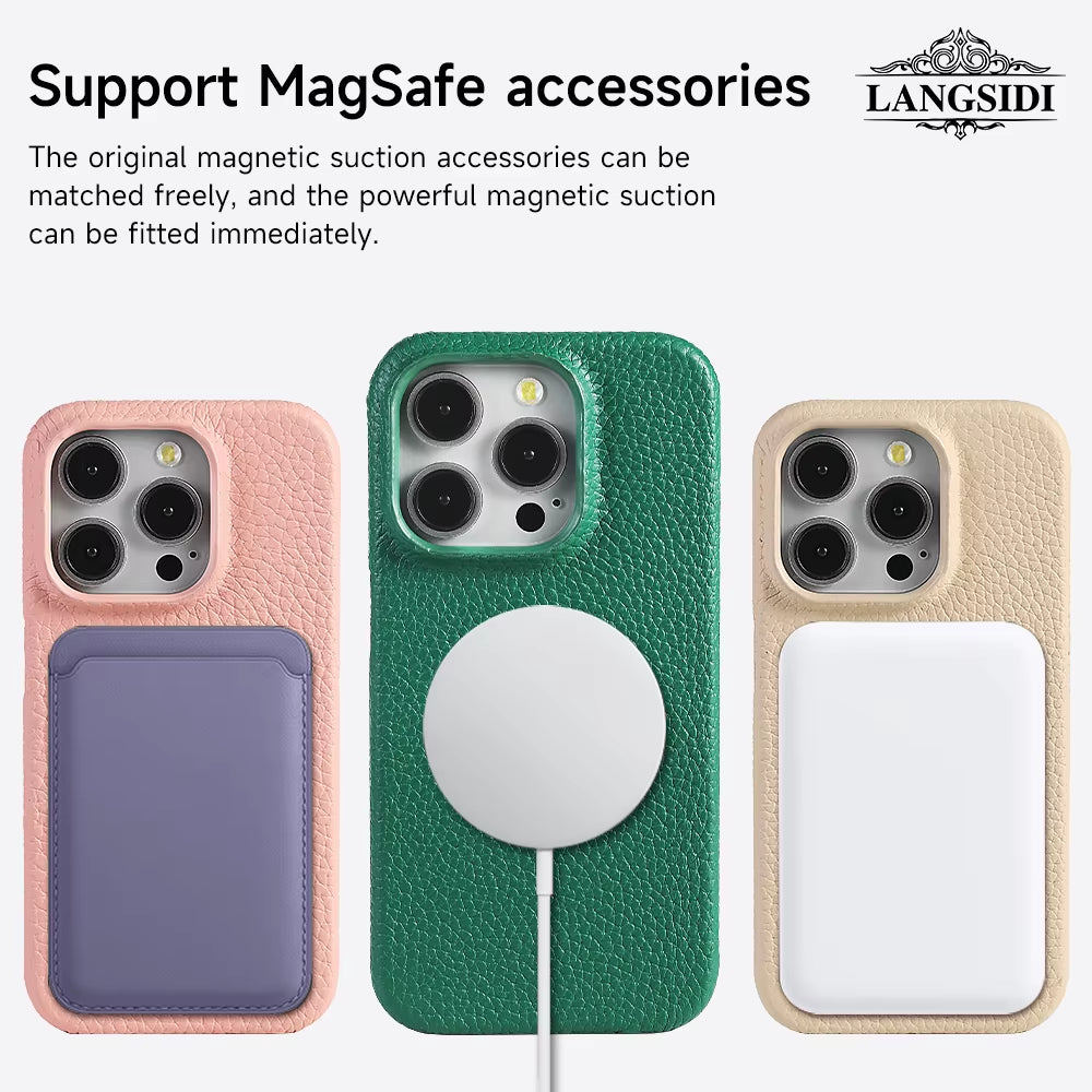 For Magsafe Case for Iphone 17 15 16 Pro Max Air 16Pro Natural Cowhide Lychee Leather Magnetic Protector Luxury Phone Back Cover