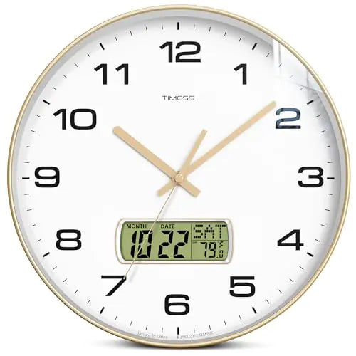 TIMESS Silent 10" Wall Clock with Temperature Display - Gold