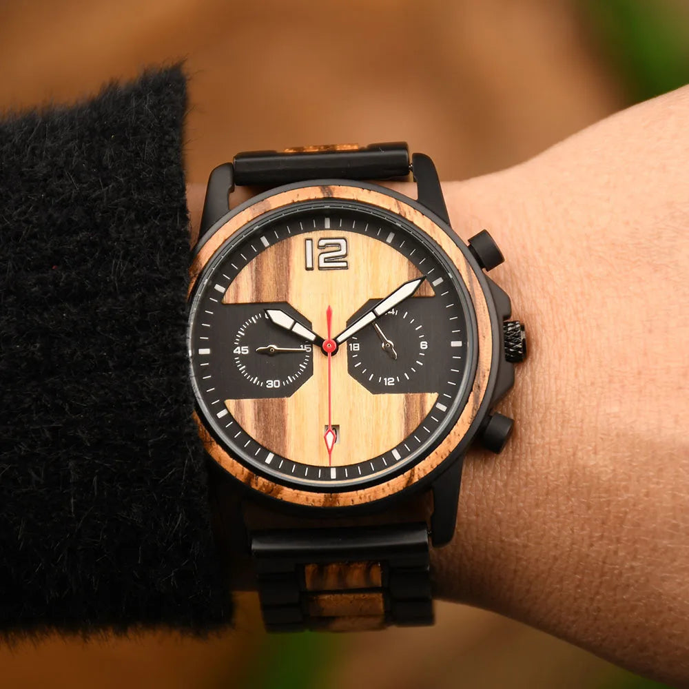 DODO DEER Stylish Wooden Timepiece Men's Zebrawood Chronograph Watch with Black Alloy Case-2