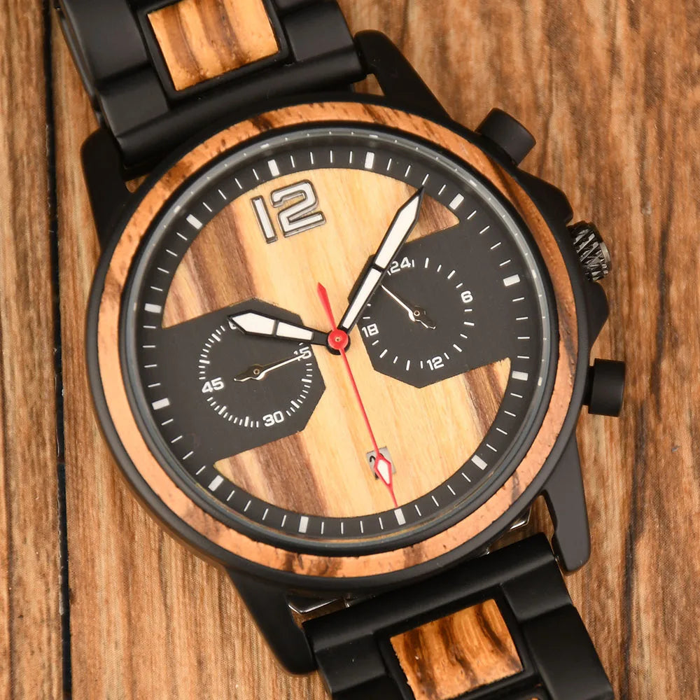 DODO DEER Stylish Wooden Timepiece Men's Zebrawood Chronograph Watch with Black Alloy Case-4