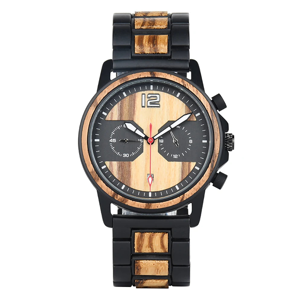 DODO DEER Stylish Wooden Timepiece Men's Zebrawood Chronograph Watch with Black Alloy Case-0