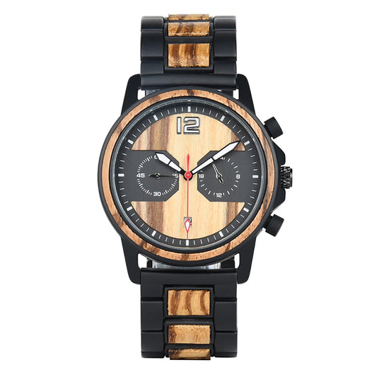 DODO DEER Stylish Wooden Timepiece Men's Zebrawood Chronograph Watch with Black Alloy Case-0