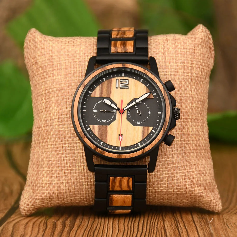 DODO DEER Stylish Wooden Timepiece Men's Zebrawood Chronograph Watch with Black Alloy Case-1