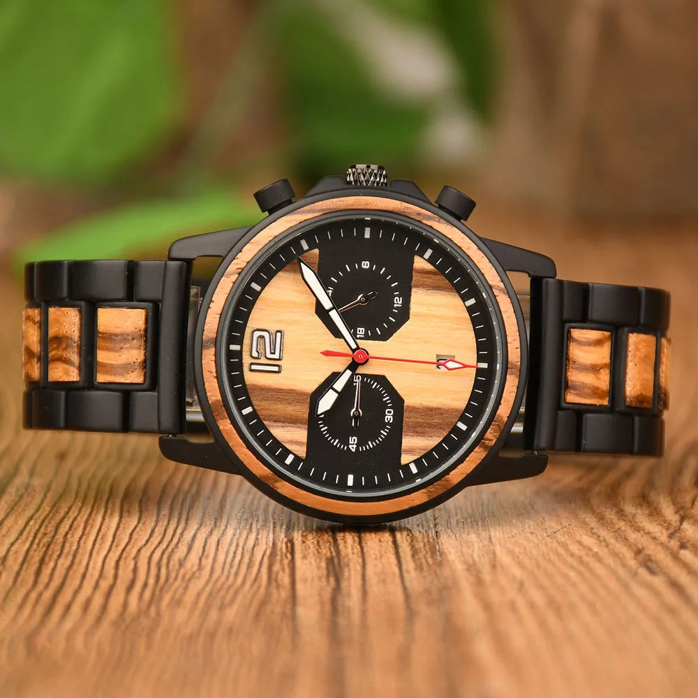 DODO DEER Stylish Wooden Timepiece Men's Zebrawood Chronograph Watch with Black Alloy Case-3
